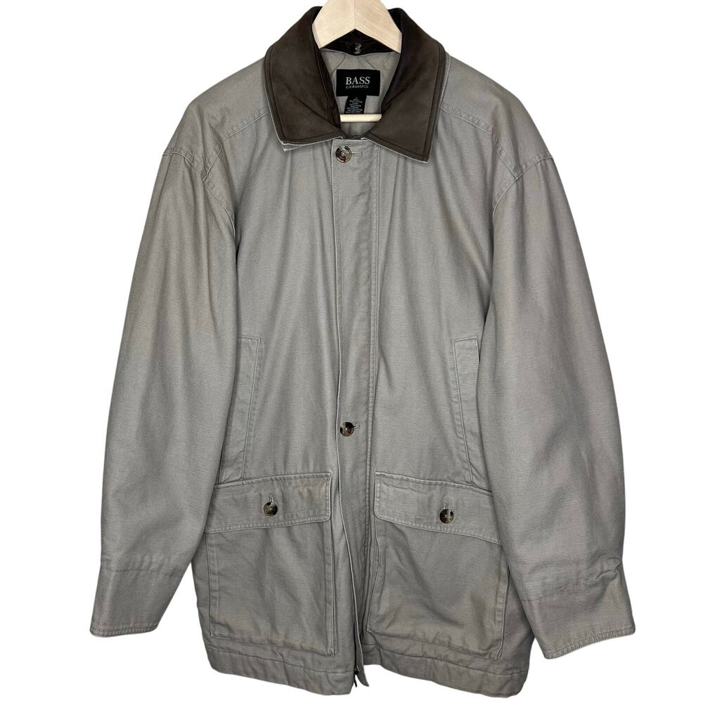 GH Bass Barn Chore Jacket Large Mens Quilted Canvas Leather Collar Outdoor Coat